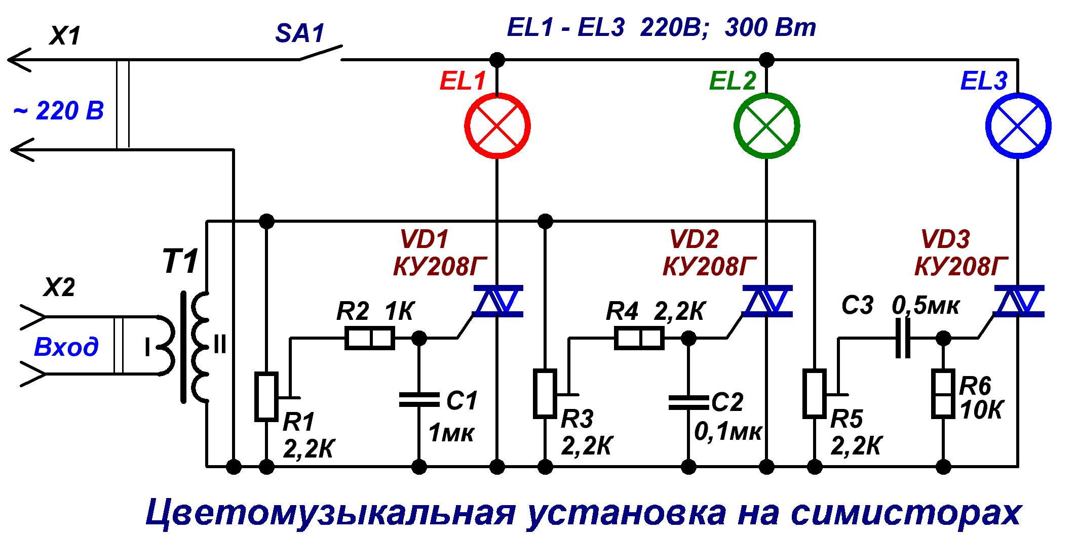 Схема цветомузыка на тиратронах